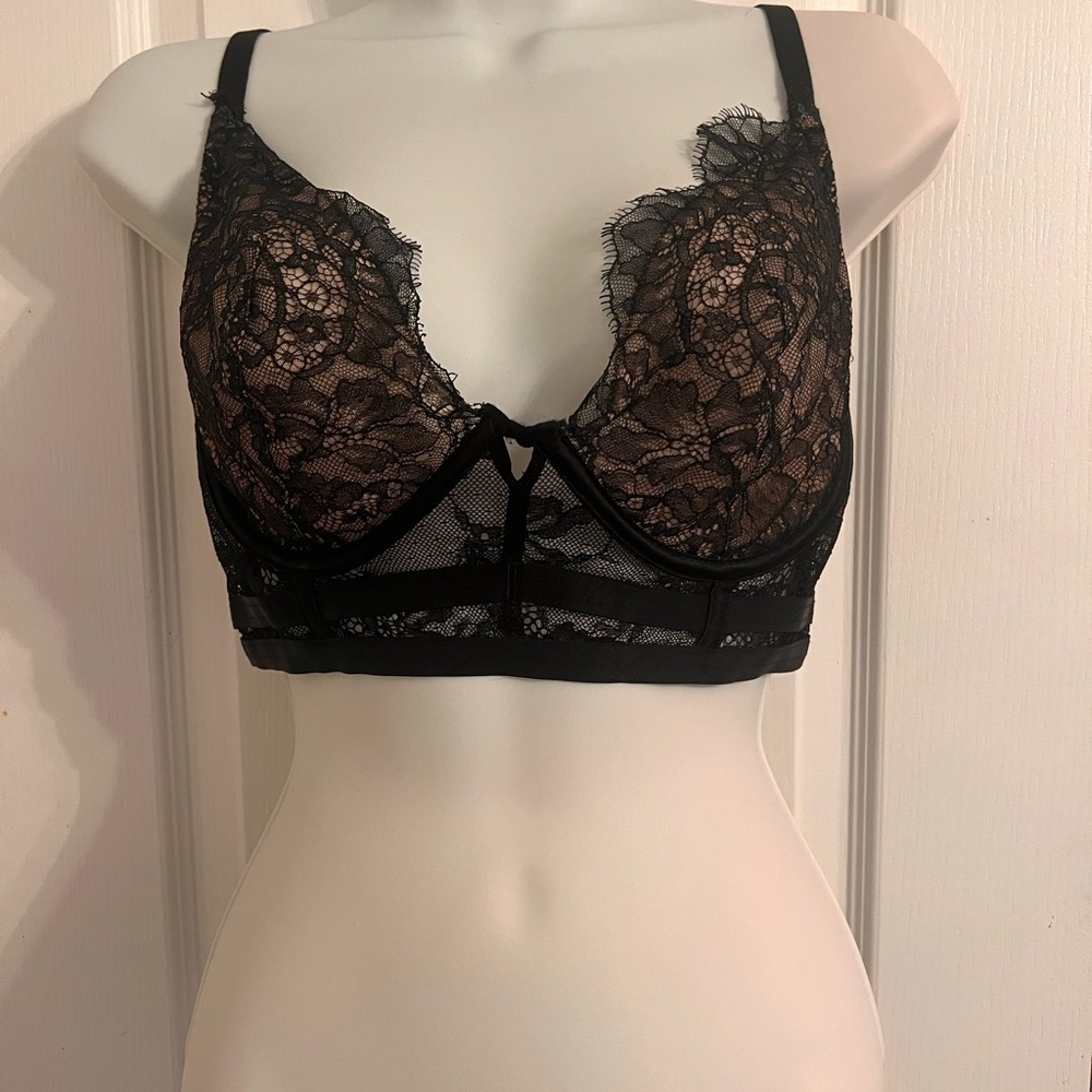 Victoria's Secret Black and Cream Lace Bra with Plunge Neckline